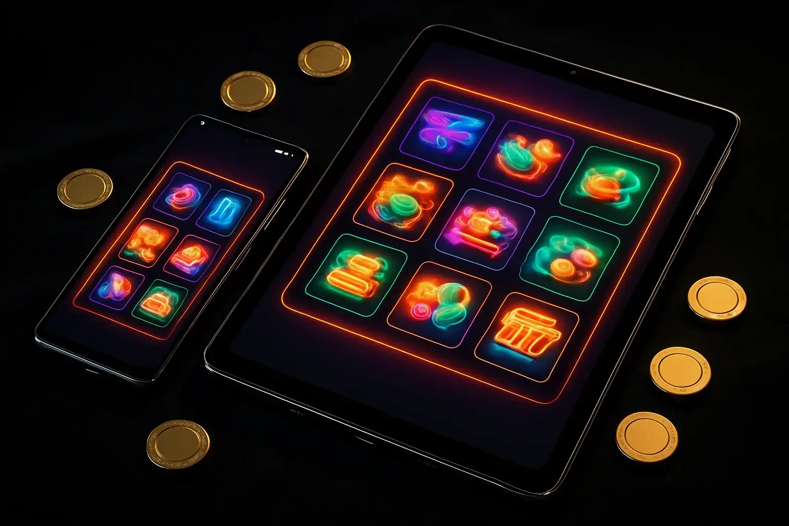 Hyperrealistic Android phone and tablet showing glowing casino app interfaces on velvet