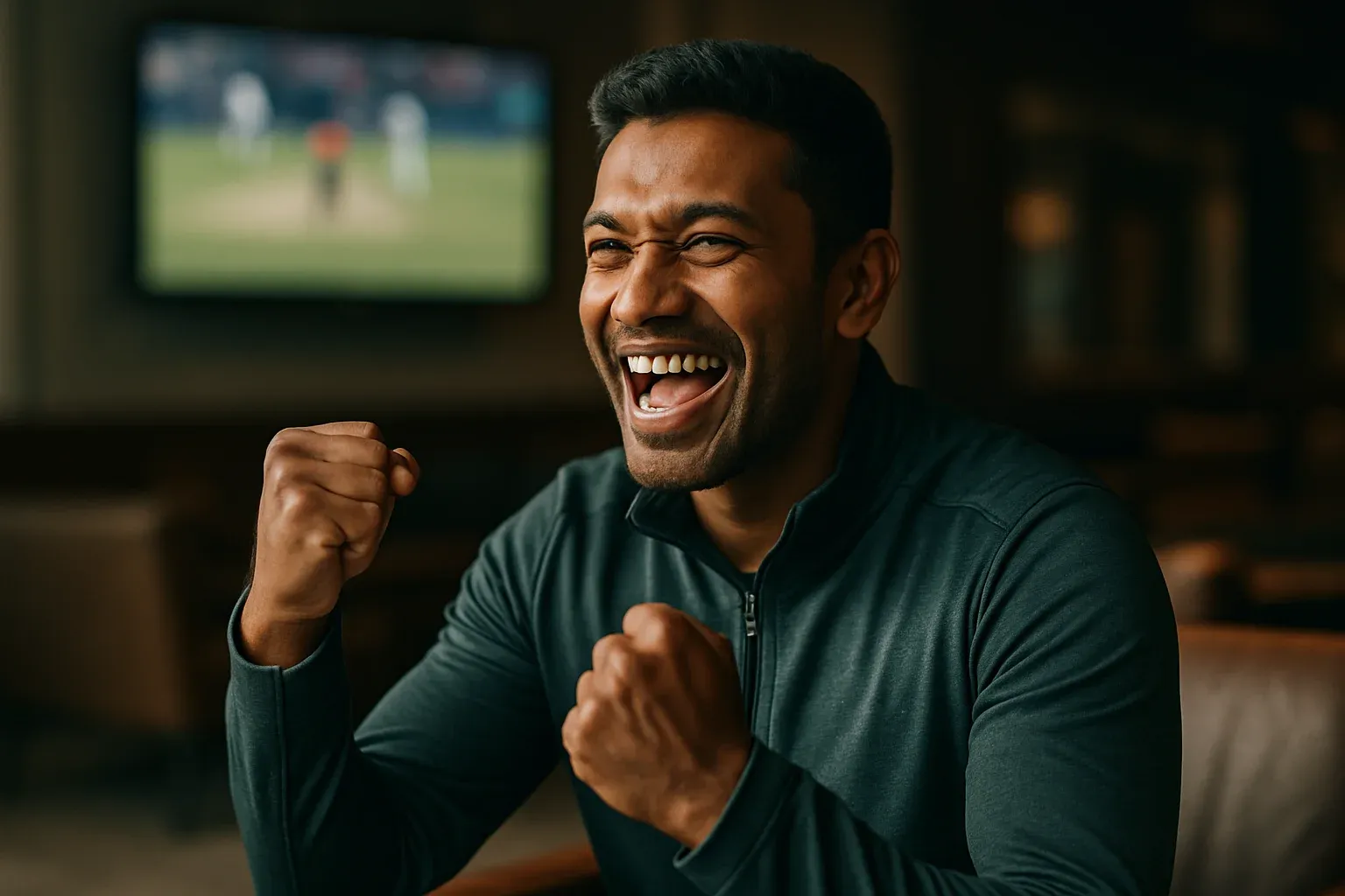 Bangladeshi male athlete celebrating bet win in modern sports lounge