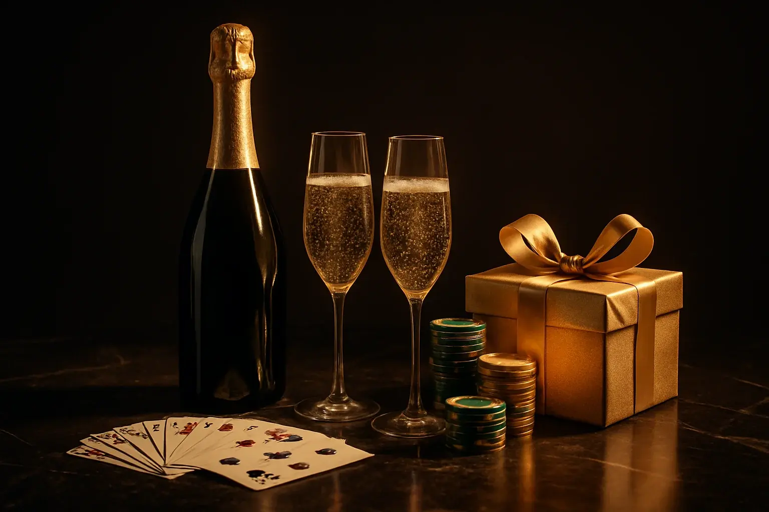 Champagne bottle, crystal flutes, casino chips, playing cards, and glowing gift box