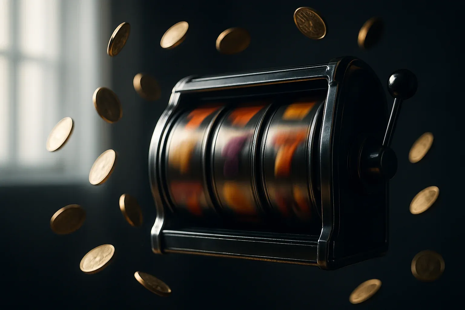 Hyperrealistic slot machine reels spinning with flying gold coins in dark studio lighting