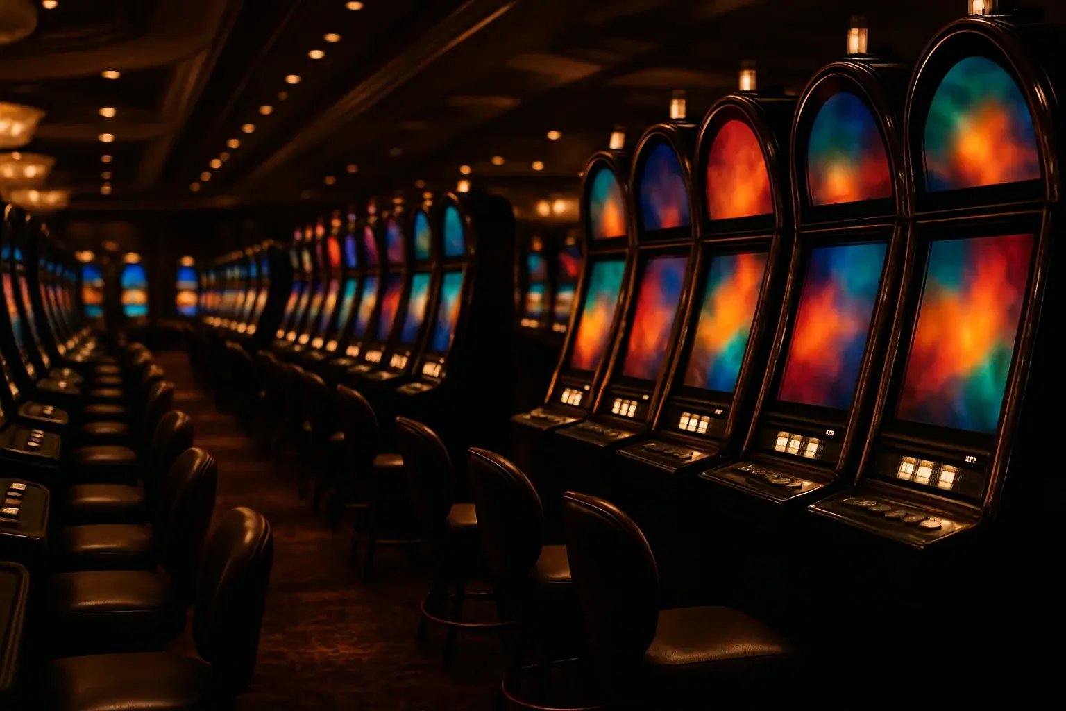 Hyperrealistic wide shot of premium casino slot machine hall with glowing machines